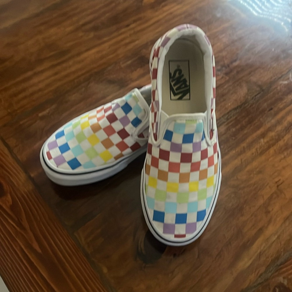 Vans classic slip on rainbow checkered shoe